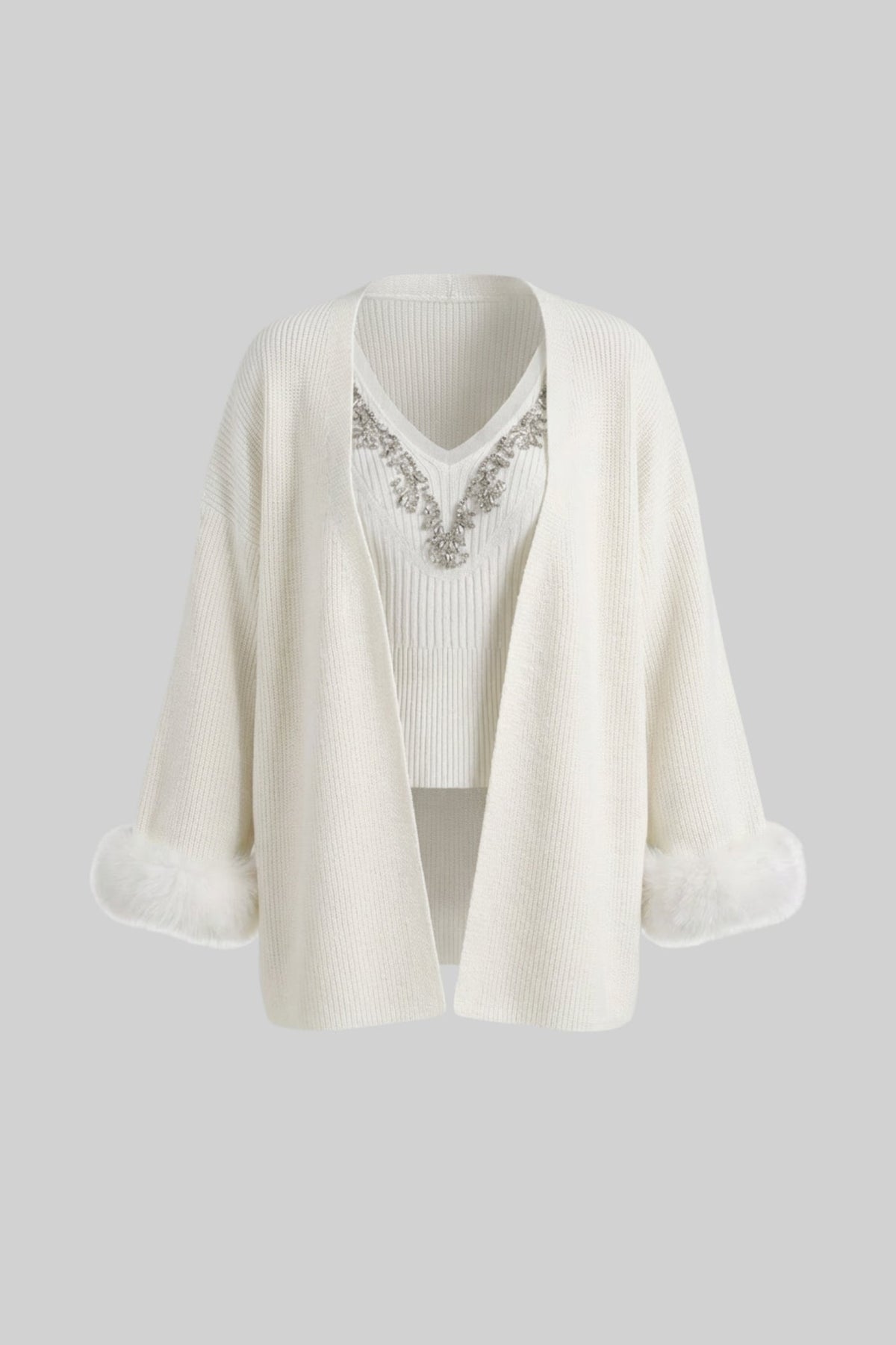 Knit Two Piece Set With Crystal Embellishments And Trim Cuffs - White