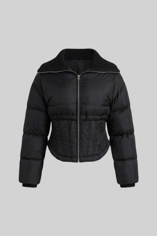 Cropped Puffer Jacket With Corset Waist Detailing - Black