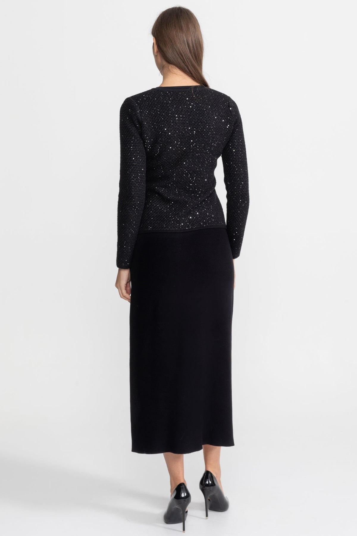 Embellished Tweed Co-Ord Set with Bow Closures And Midi Skirt – Black