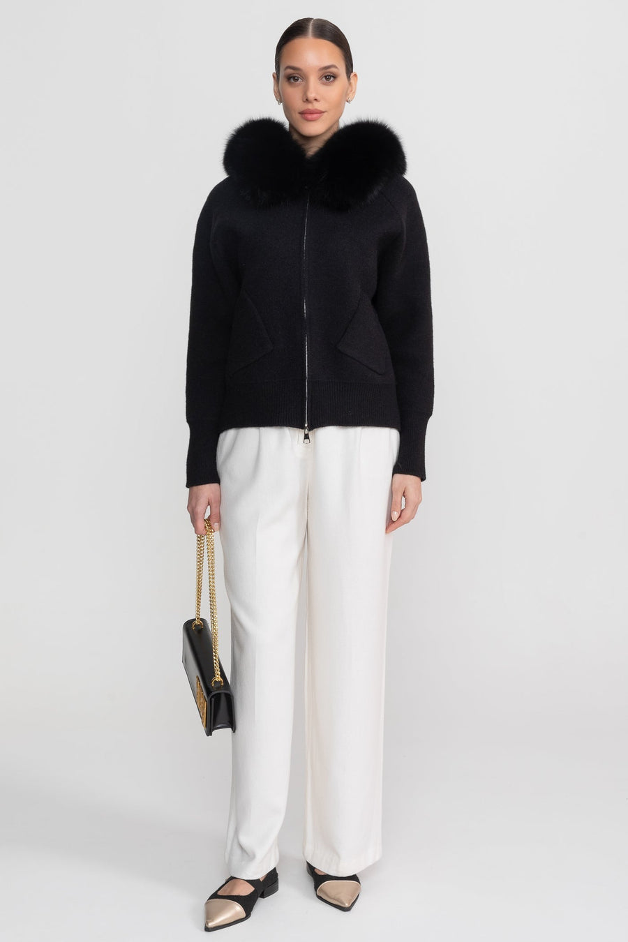 Zip-Up Wool Hoodie With Fox Fur Collar – Black