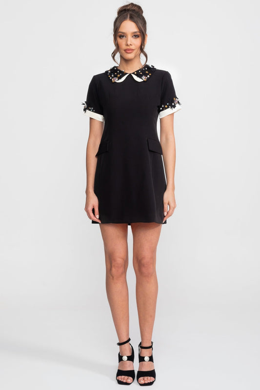 Mini Dress With Crystal-Embellished Peter Pan Collar And Jewel Cuffs - Black