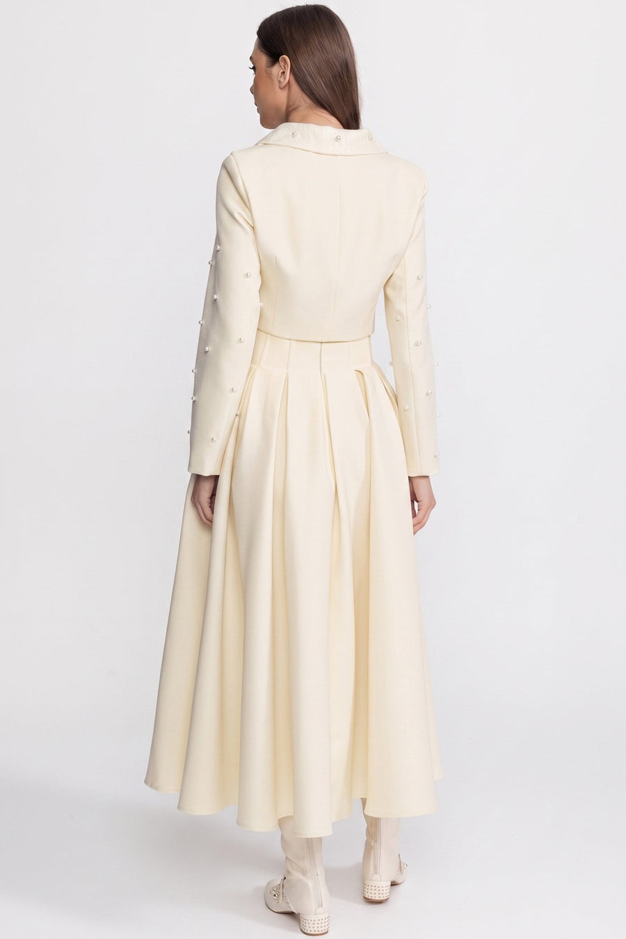 Pearl-Embellished Co-Ord Set with Cropped Jacket and Full Skirt – Ivoire