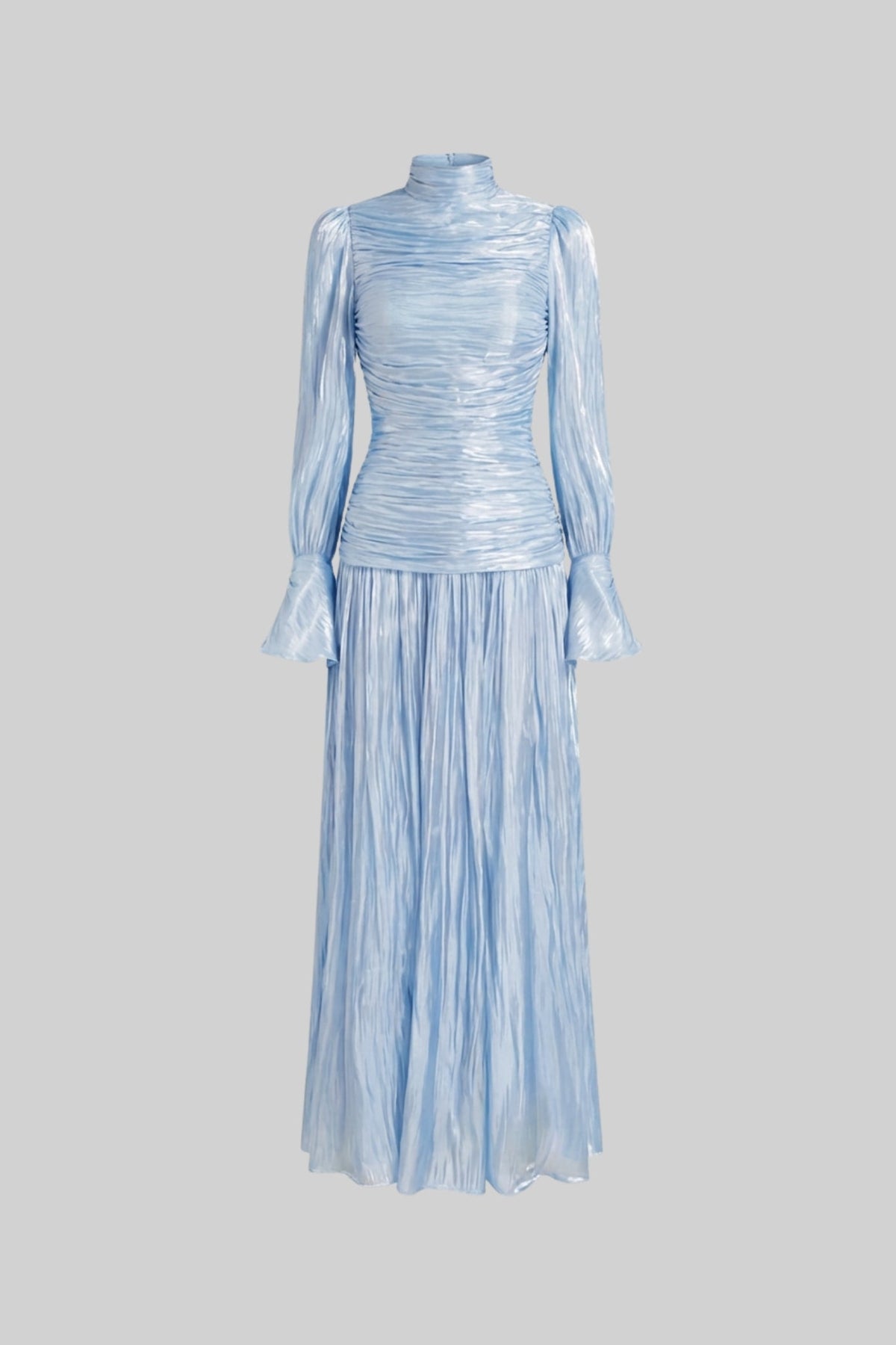 Ruched Long Sleeve Maxi Dress With Pleated Skirt - Sky Blue