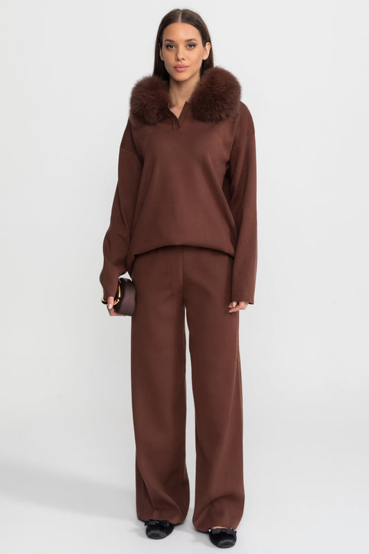Knit Lounge Co-Ord Set with Fox Fur Collar – Brown