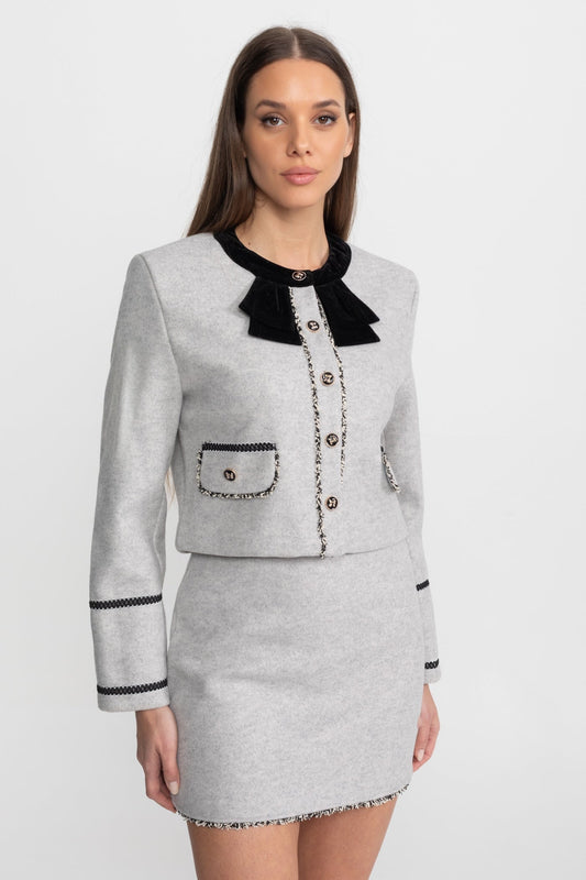 Co-Ord Set with Velvet Bow Collar Detail – Grey