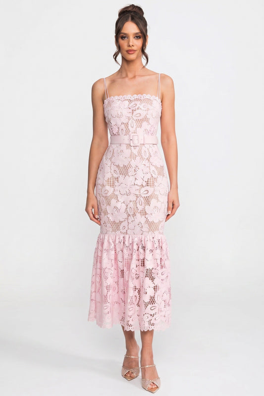 Lace Midi Dress With Belted Waist And Flounce Hem - Pink