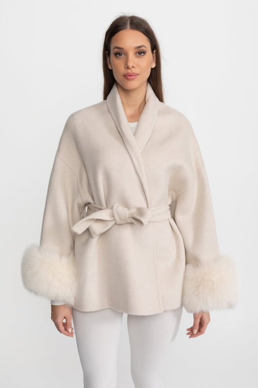 Wool Blend Wrap Jacket with Fox Fur Cuffs – Cream
