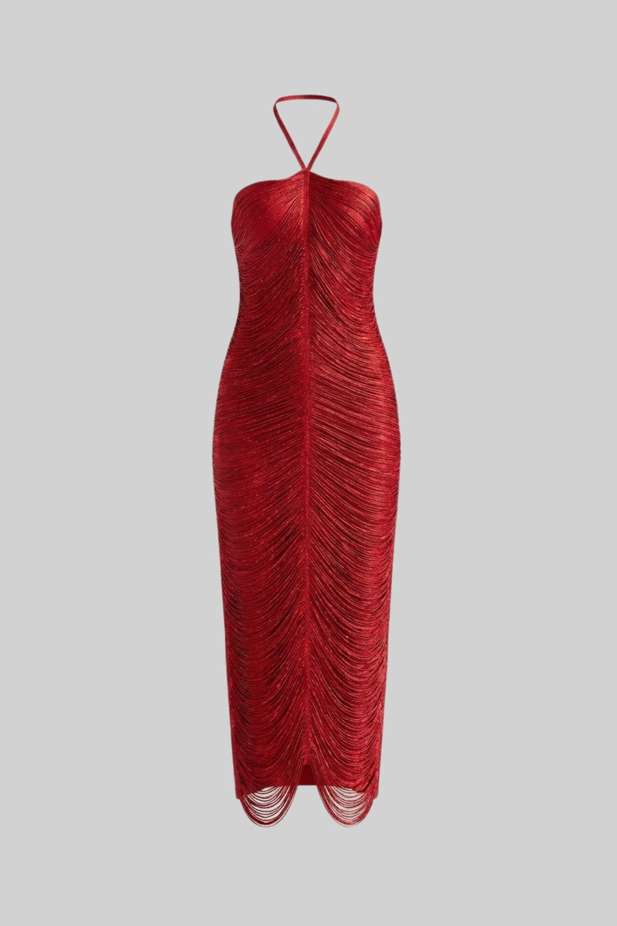 Halter Neck Midi Dress With All-Over Pleated Texture - Red