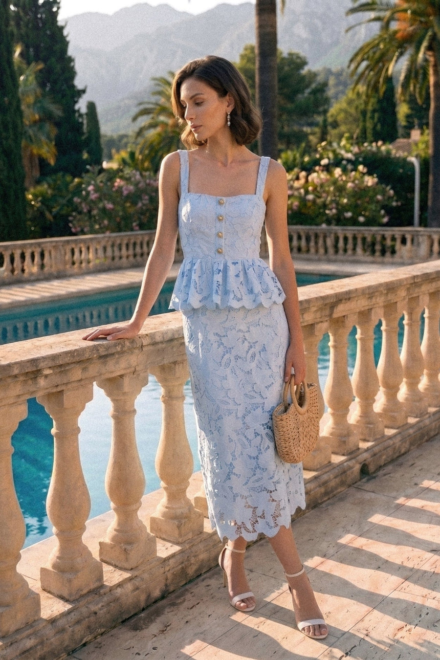 Sleeveless Lace Peplum Dress With Midi Skirt And Golden Buttons - Blue