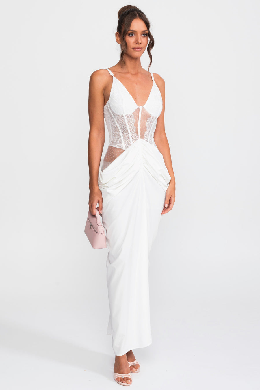 Lace Bodice Draped Gown With Spaghetti Straps - White