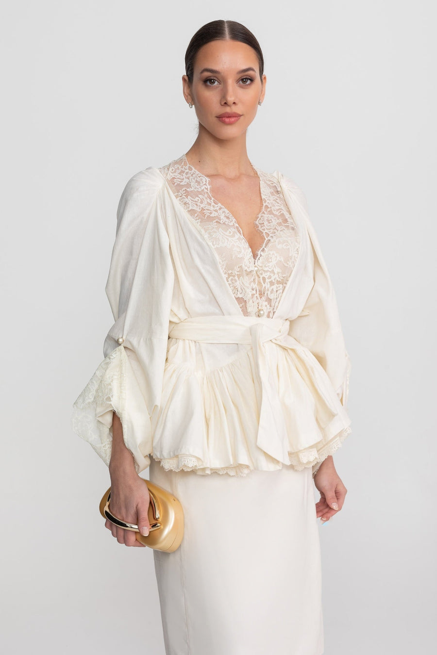 Belted Peplum Co-Ord Set With Lace Insert Detailing - Ivoire
