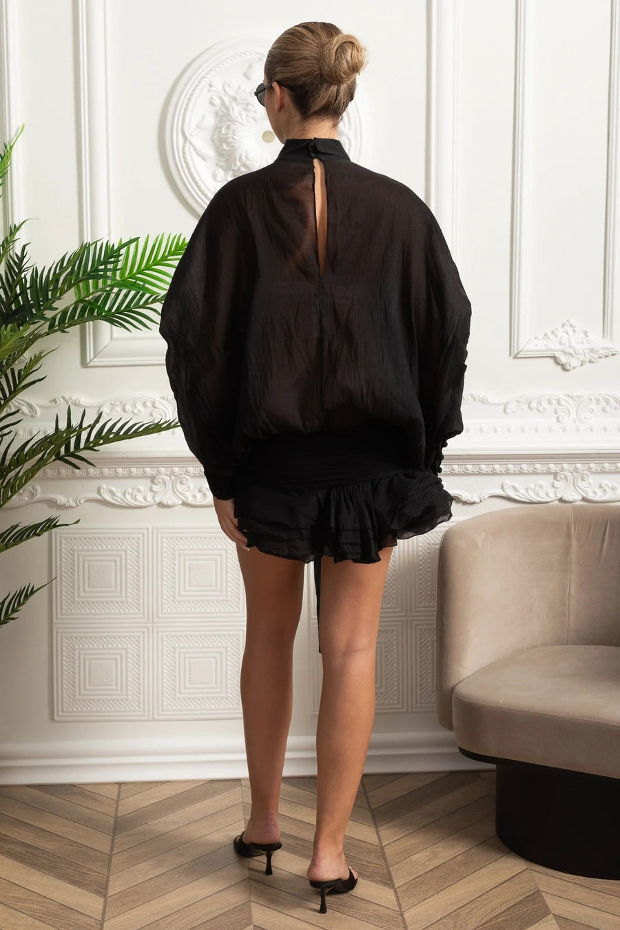Sheer Bow-Neck Ruffle Mini Dress - Black