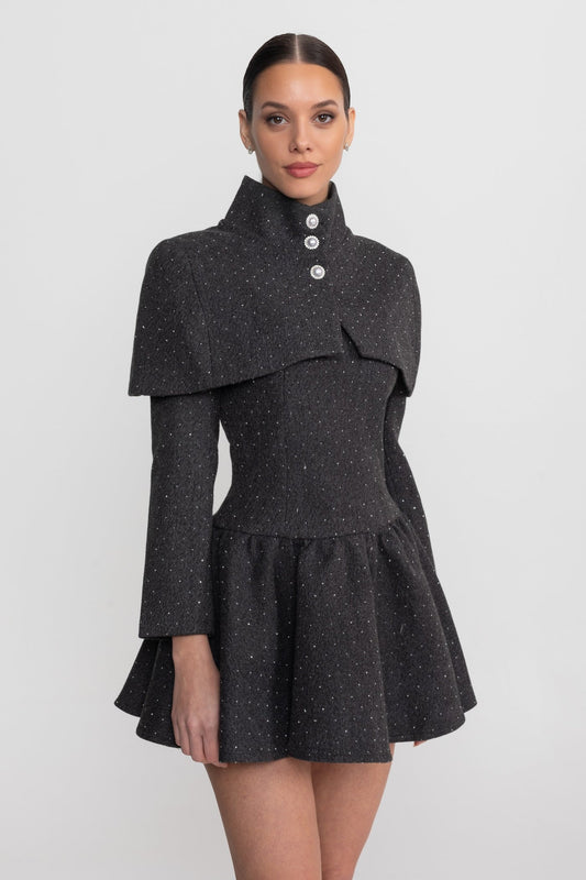 Long Sleeve Mini Dress With Detachable Cape Overlay - Charcoal