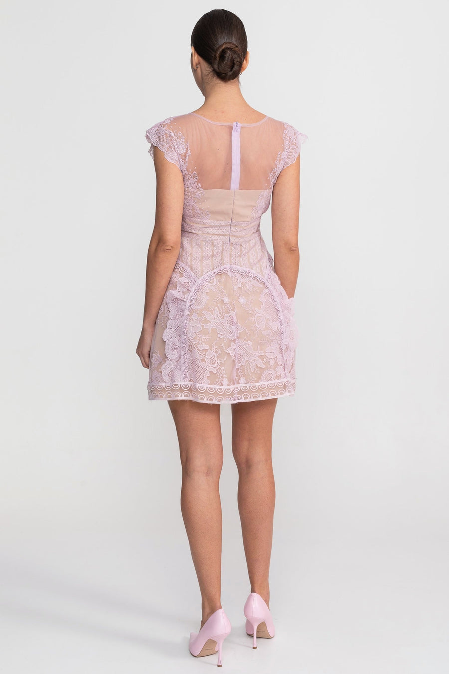Cap Sleeve Mini Dress With Sheer Yoke And Pearl Button Detail - Lilac