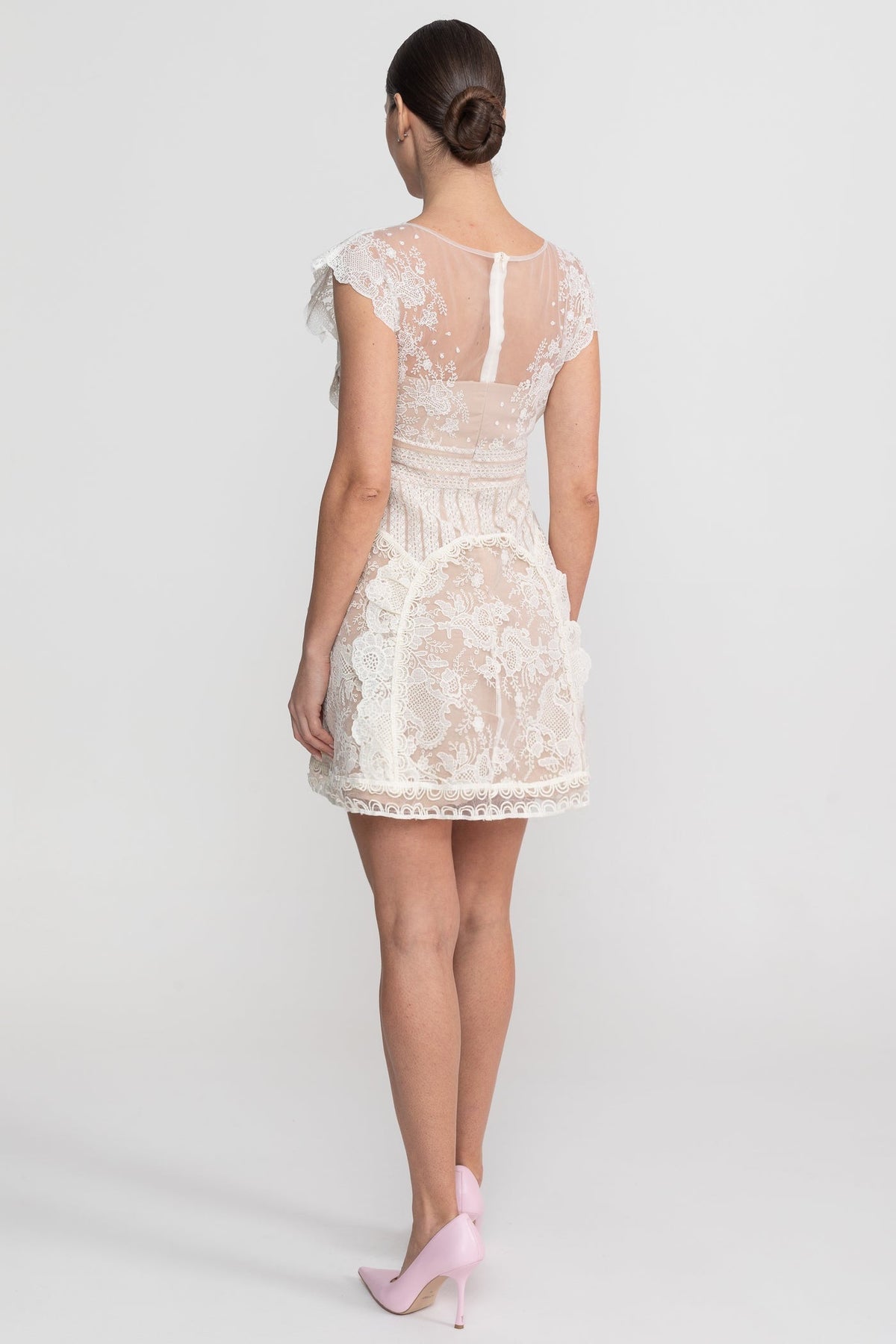 Cap Sleeve Mini Dress With Sheer Yoke And Pearl Button Detail - Ivoire