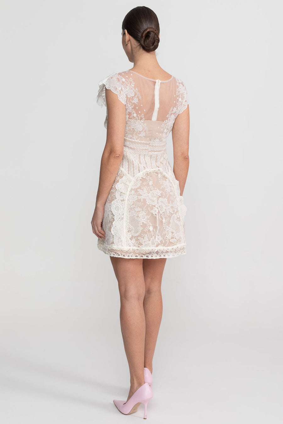 Cap Sleeve Mini Dress With Sheer Yoke And Pearl Button Detail - Ivoire