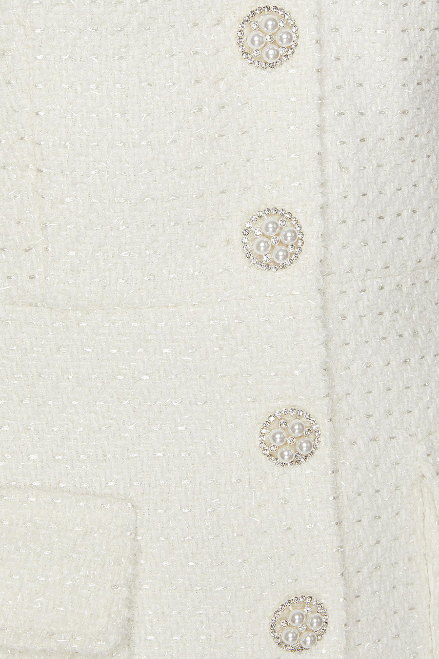 Textured Sleeveless Dress With Pearl Button Accents  - White
