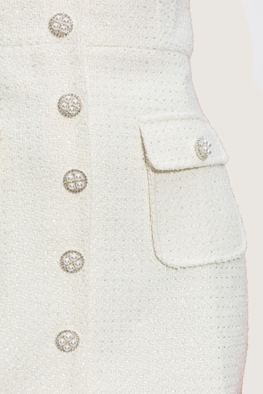 Textured Sleeveless Dress With Pearl Button Accents  - White
