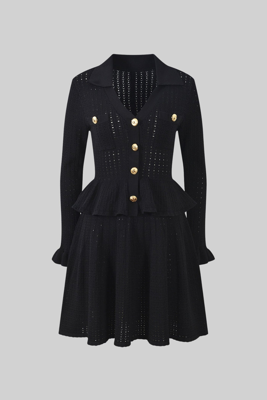 Knit Mini Dress with Peplum Waist and Gold Button Detail - Black