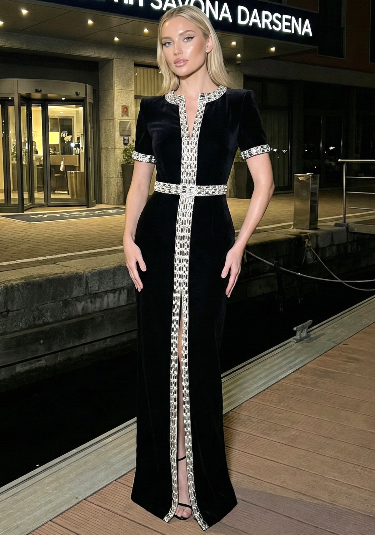 Taş İşlemeli Uzun Elbise Siyah