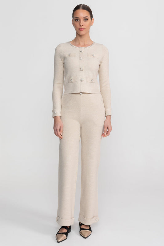 Long Sleeve Knit Co-Ord Set With Sparkling Embellishments - Beige