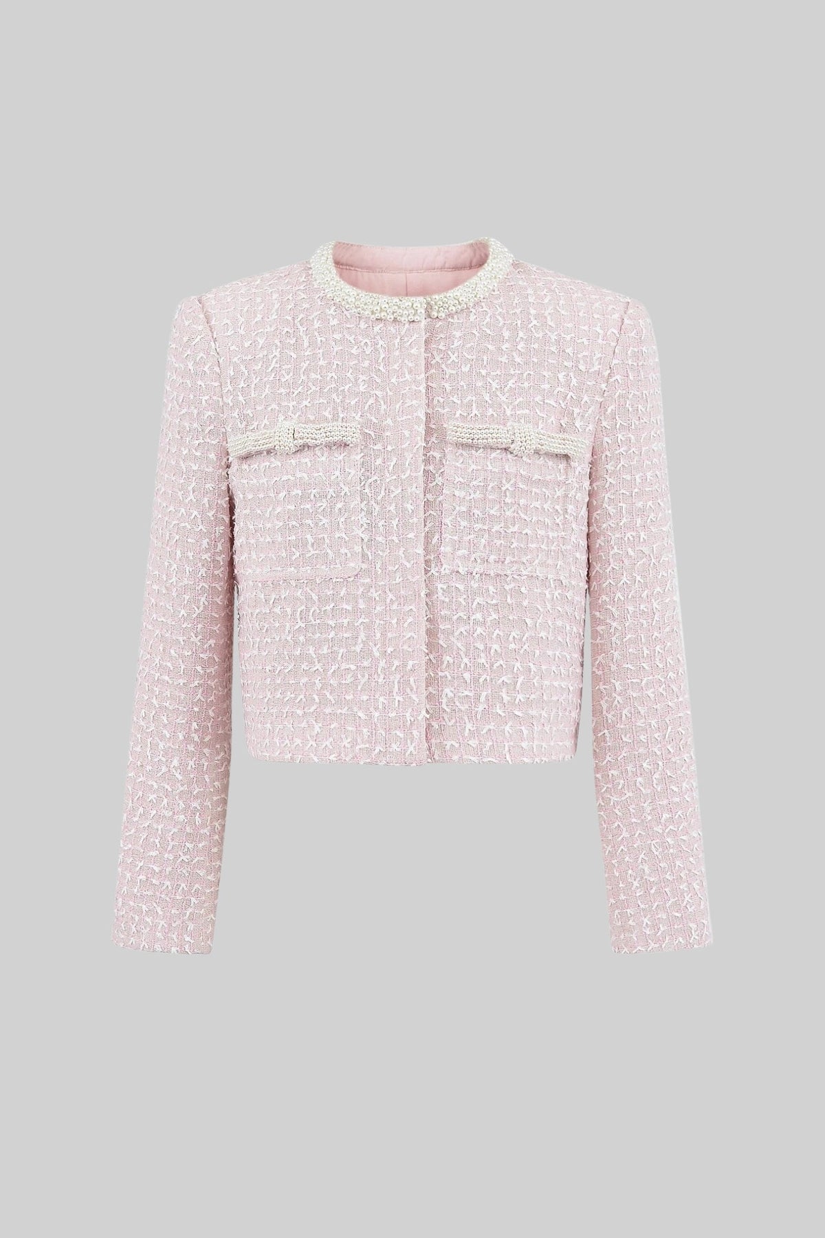 Embellished Tweed Jacket With Delicate Pearl Trim - Light Pink