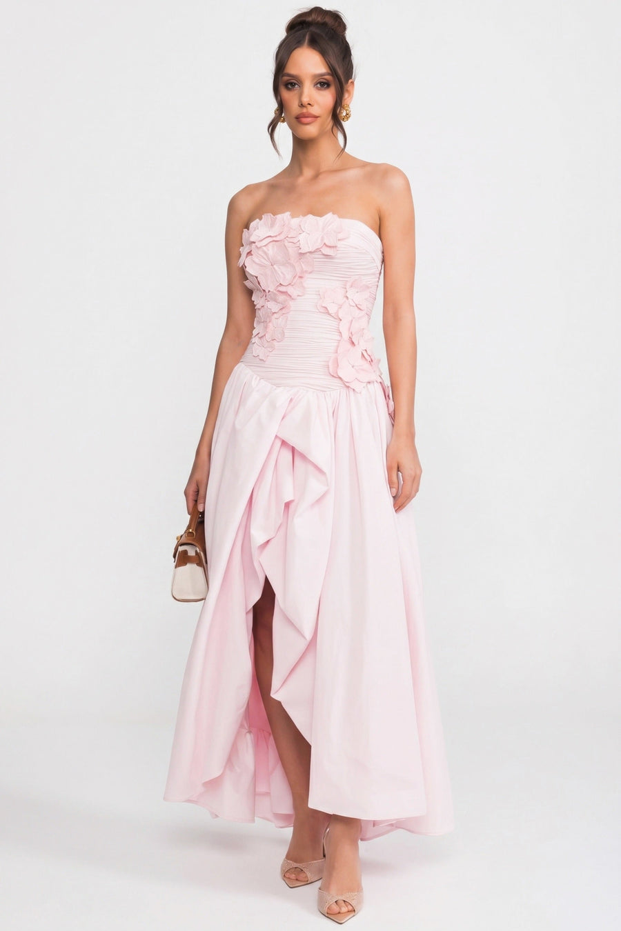 Strapless Ballgown With 3D Floral Bodice And Full Skirt - Pink