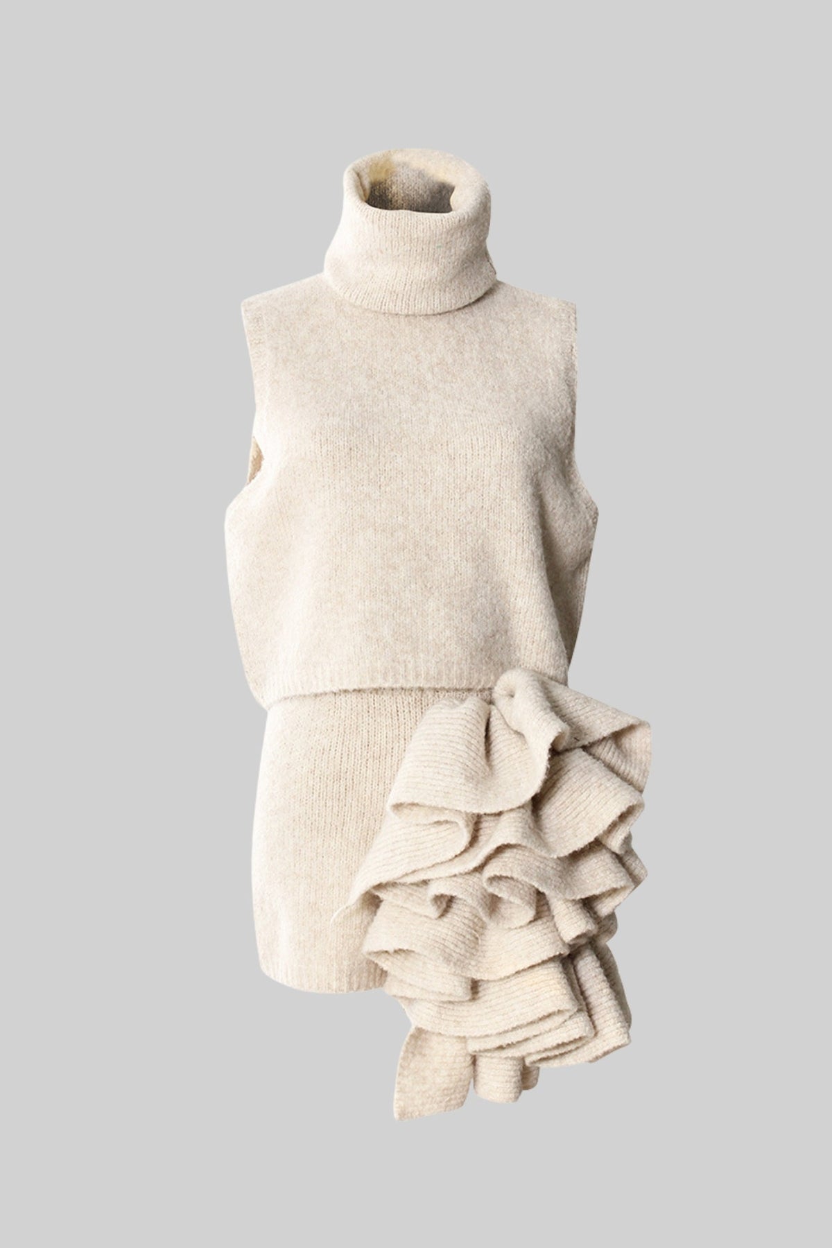 Knitted Three-Piece Set with Sculptural Ruffle Details - Beige