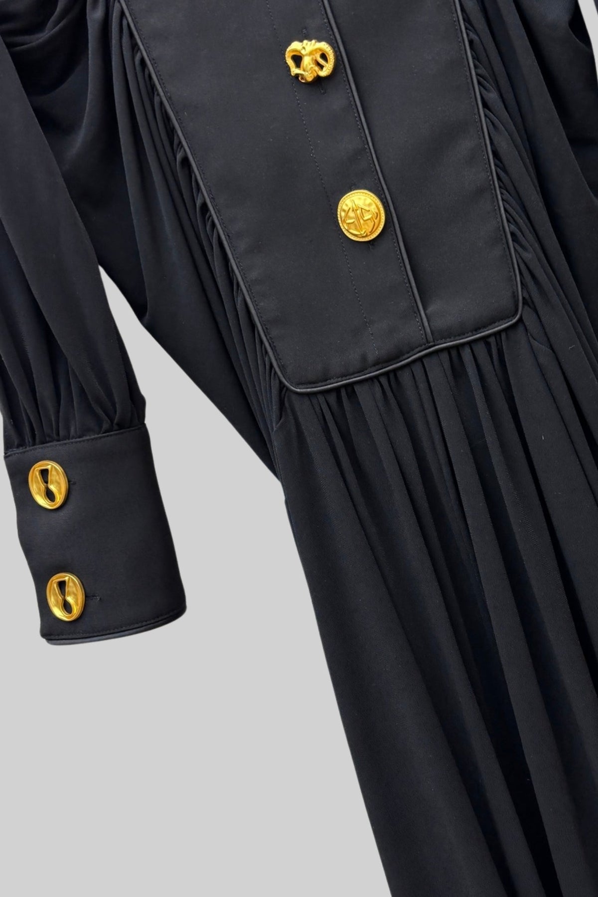 Draped Maxi Dress with Gold Statement Buttons - Black