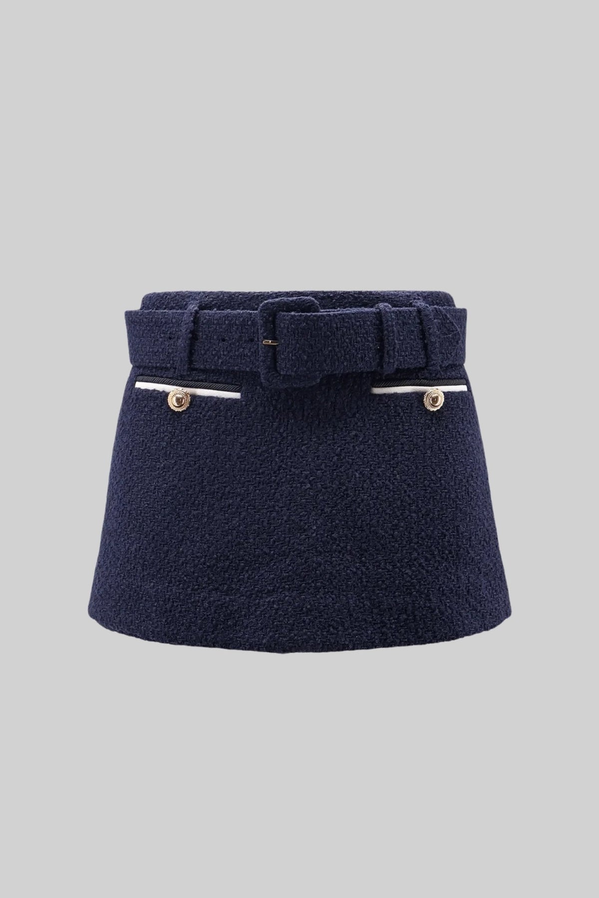 Belted Tweed Mini Skirt with Contrast Pockets - Navy