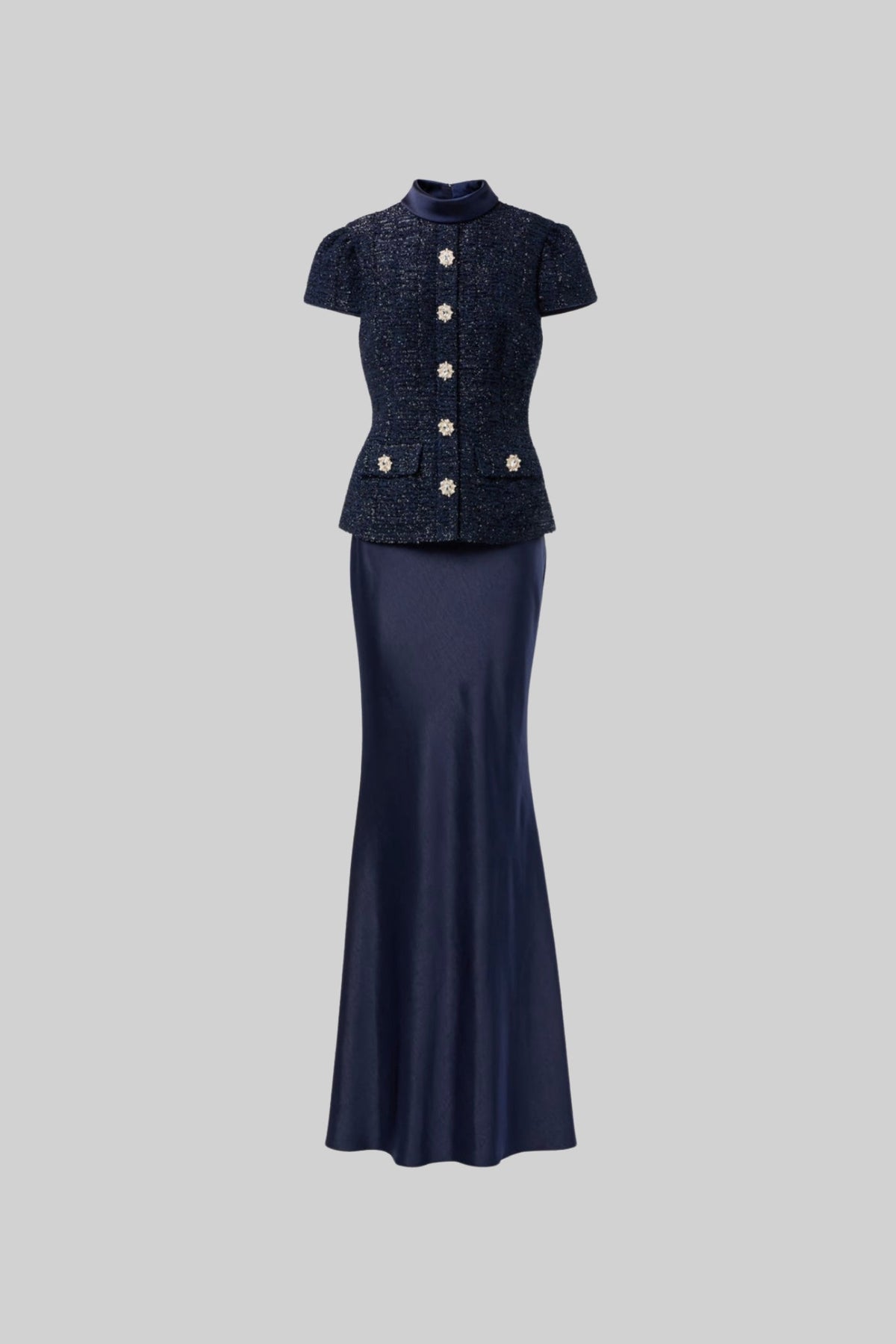 Co-Ord Set with Tweed Embellished Top and Satin Maxi Skirt - Navy