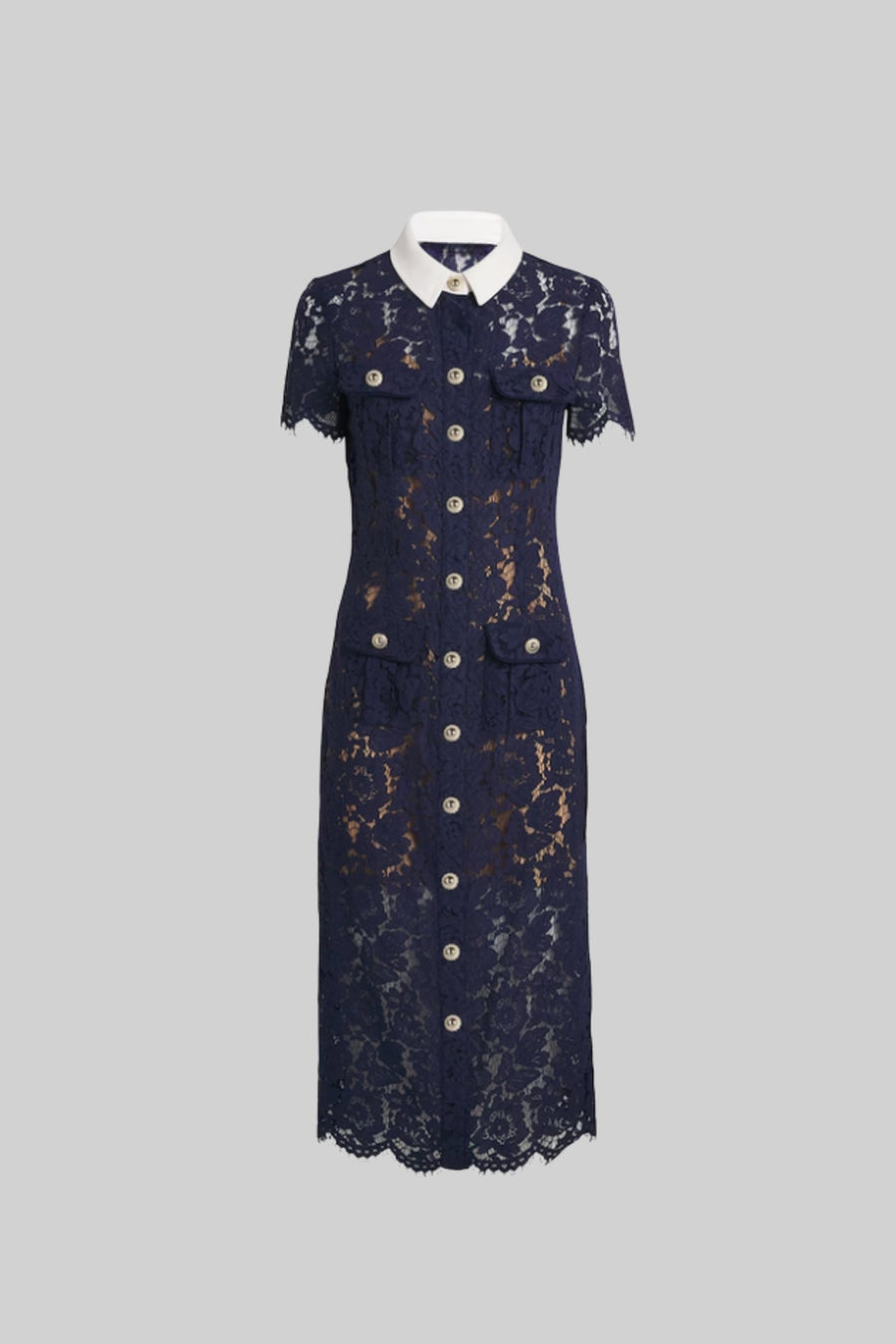 Floral Lace Midi Dress with Tailored Collar and Belted Waist - Navy