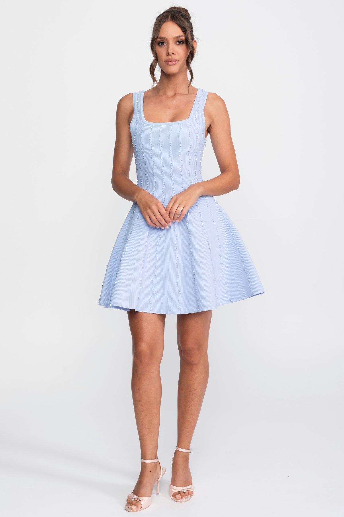 Pearl Beaded Ribbed Mini Dress With Square Neck - Light Blue