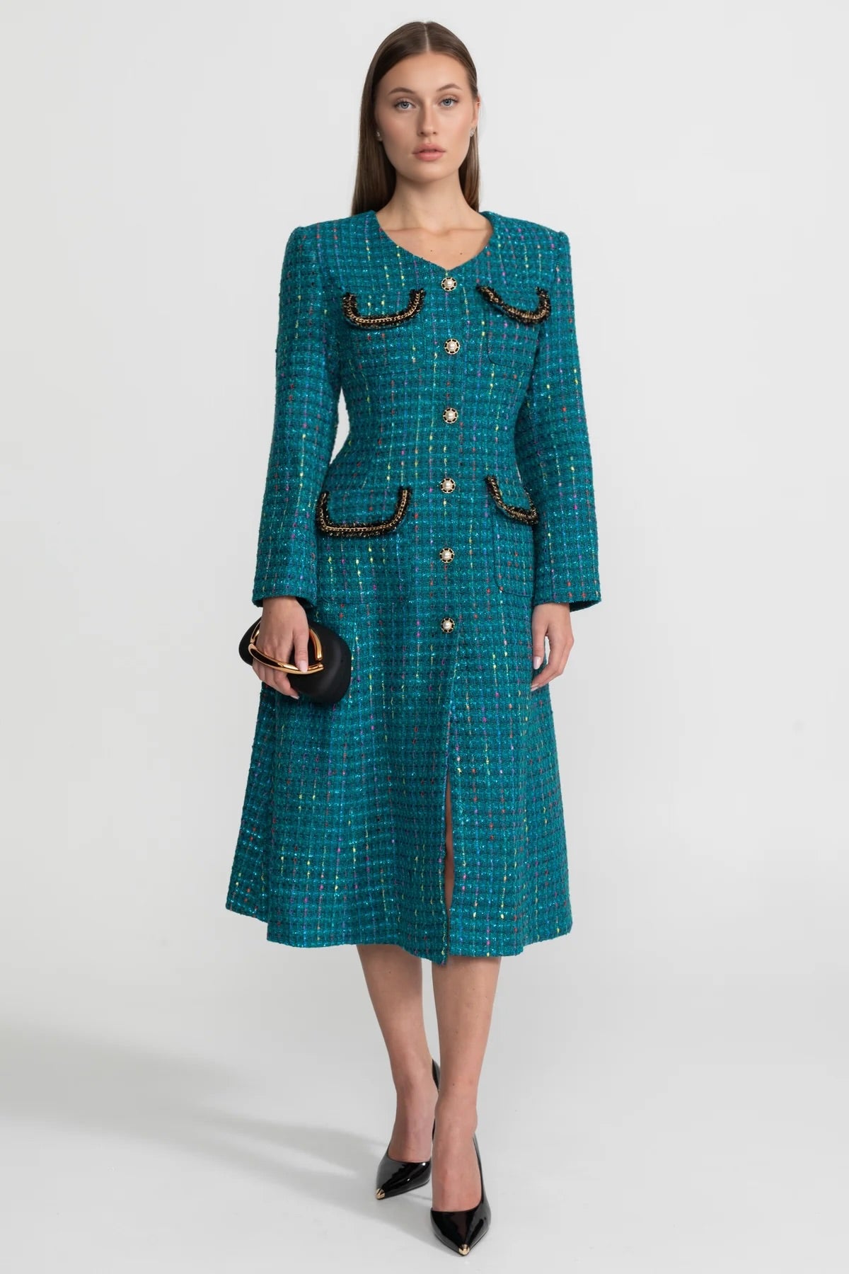 Embellished Tweed Midi Dress With Structured Shoulders – Teal