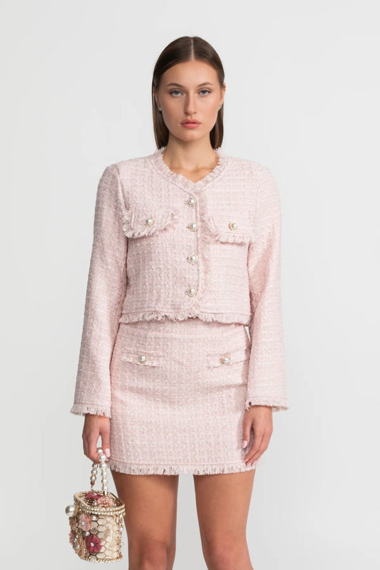 Tweed Co-ord Set With Pearl Button Detailing – Blush Pink