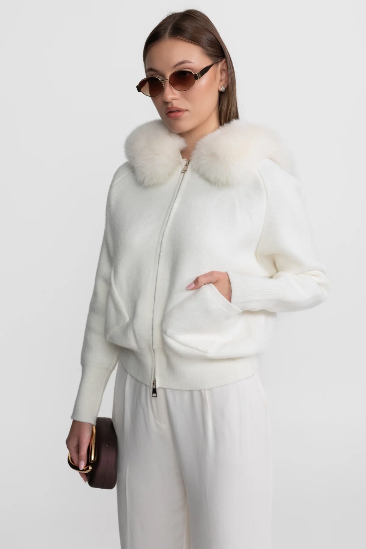 Zip-Up Wool Hoodie With Fox Fur Collar – Ivoire