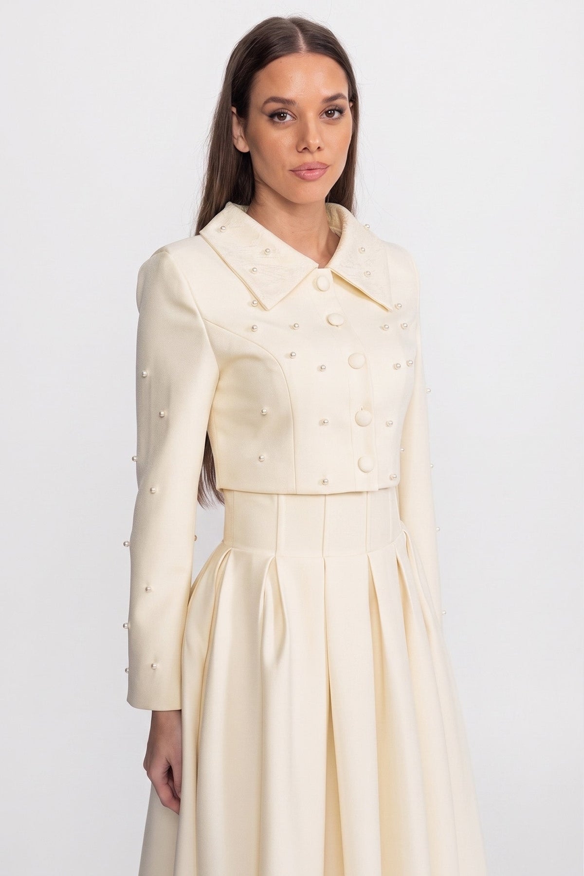 Pearl-Embellished Co-Ord Set with Cropped Jacket and Full Skirt – Ivoire