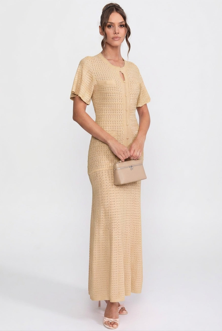 Short Sleeve Midi Dress With Shimmer Knit Texture - Beige