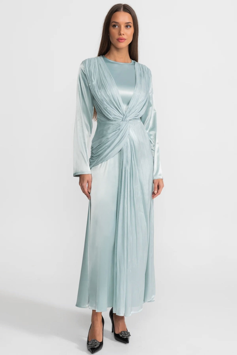 Satin Midi Dress with Draped Overlay and Knot Detail - Teal