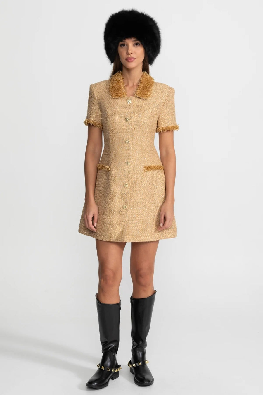 Short Sleeve Tweed Mini Dress With Metallic Fringe Trim – Gold