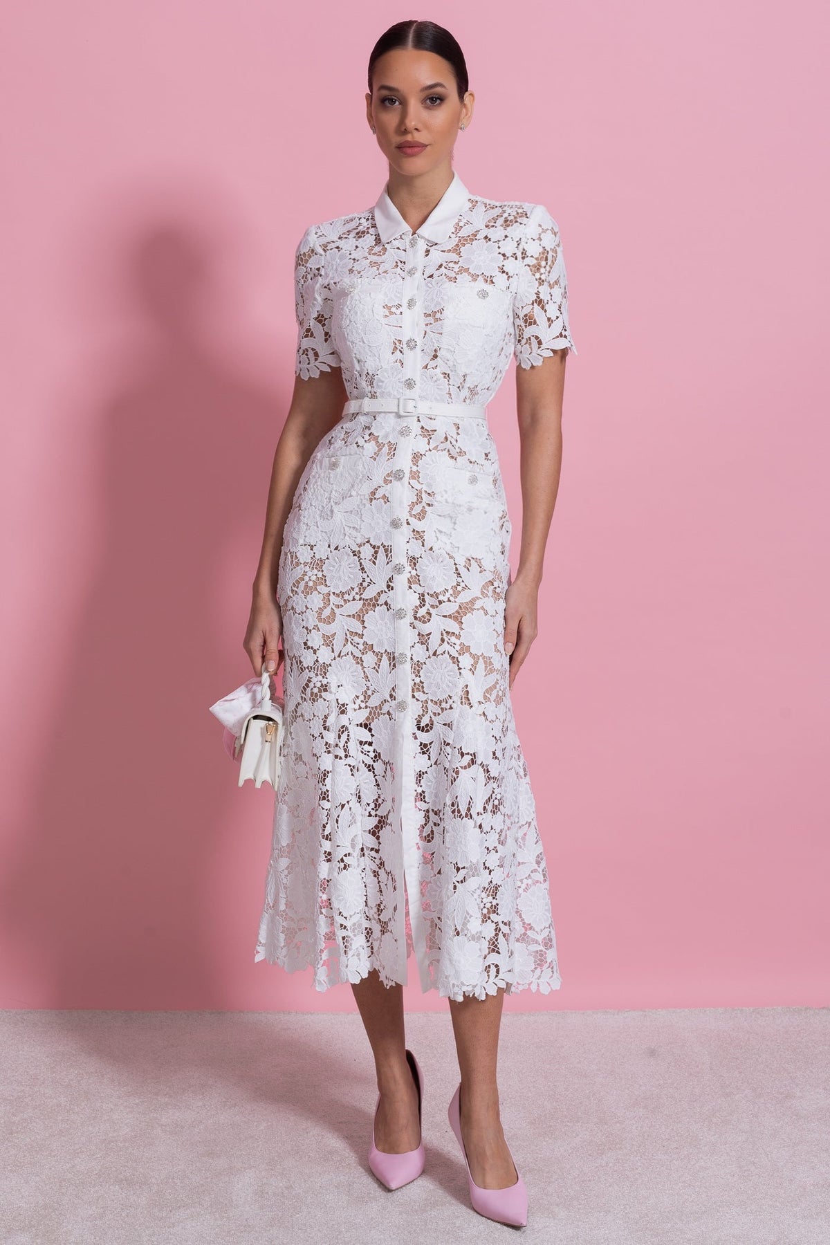 Lace Short Sleeve Midi Dress With Collared Neckline And Belted Waist - White