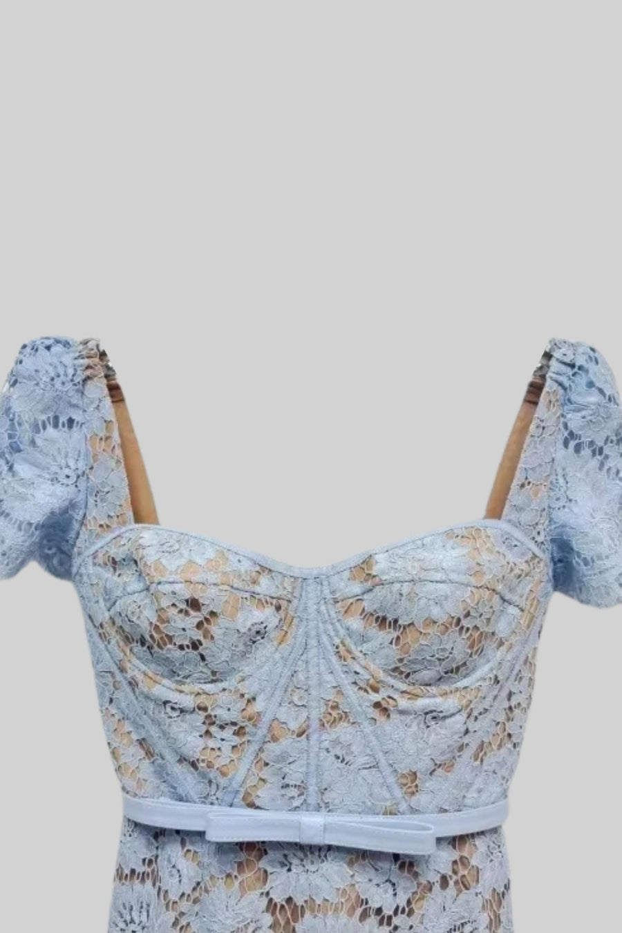 Short Sleeved Lace Dress With Delicate Matching Waist Belt - Blue