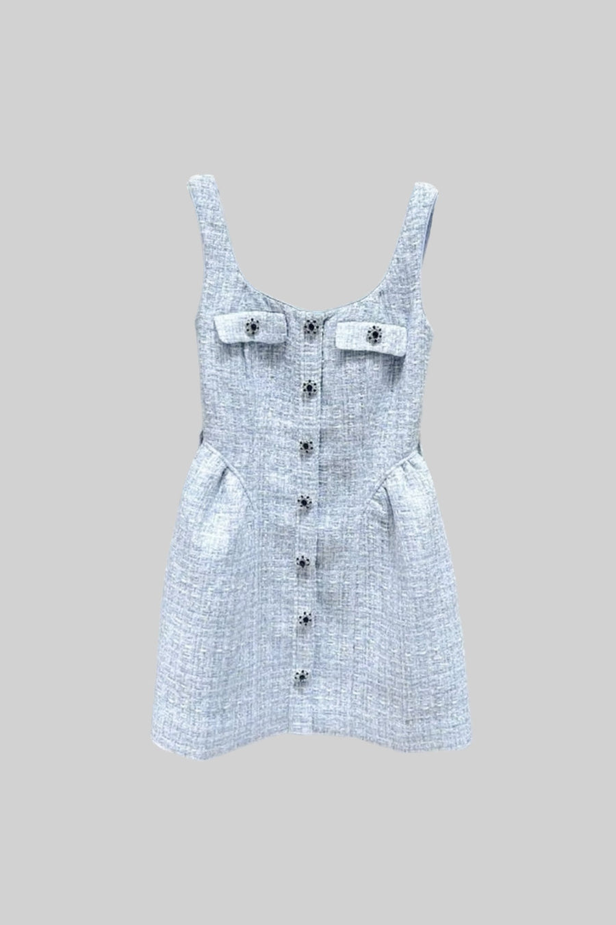 Textured Mini Dress With Fitted Bodice And Contrasting Buttons - Light Blue