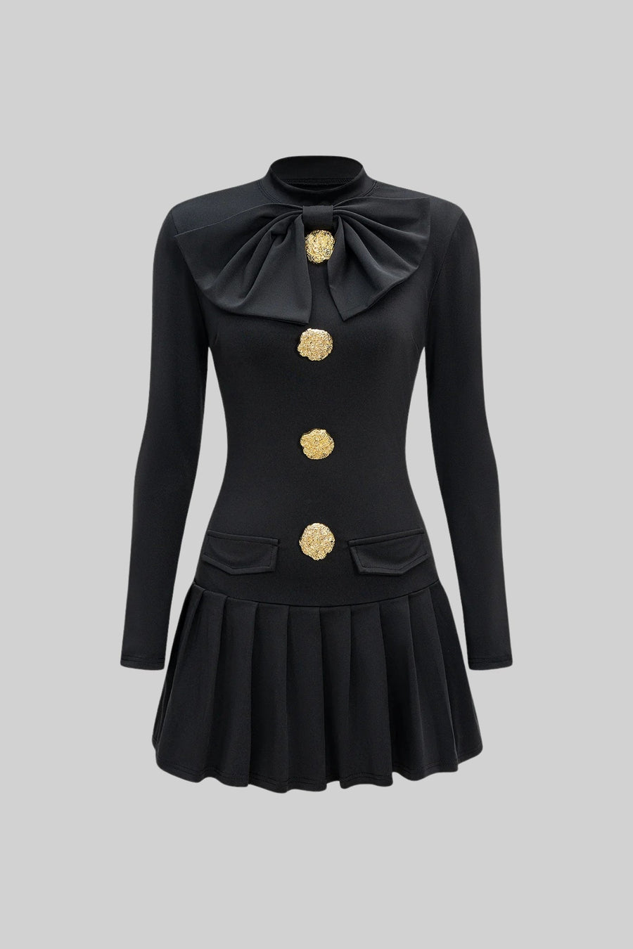 Bow-Neck Pleated Mini Dress with Gold Buttons – Black