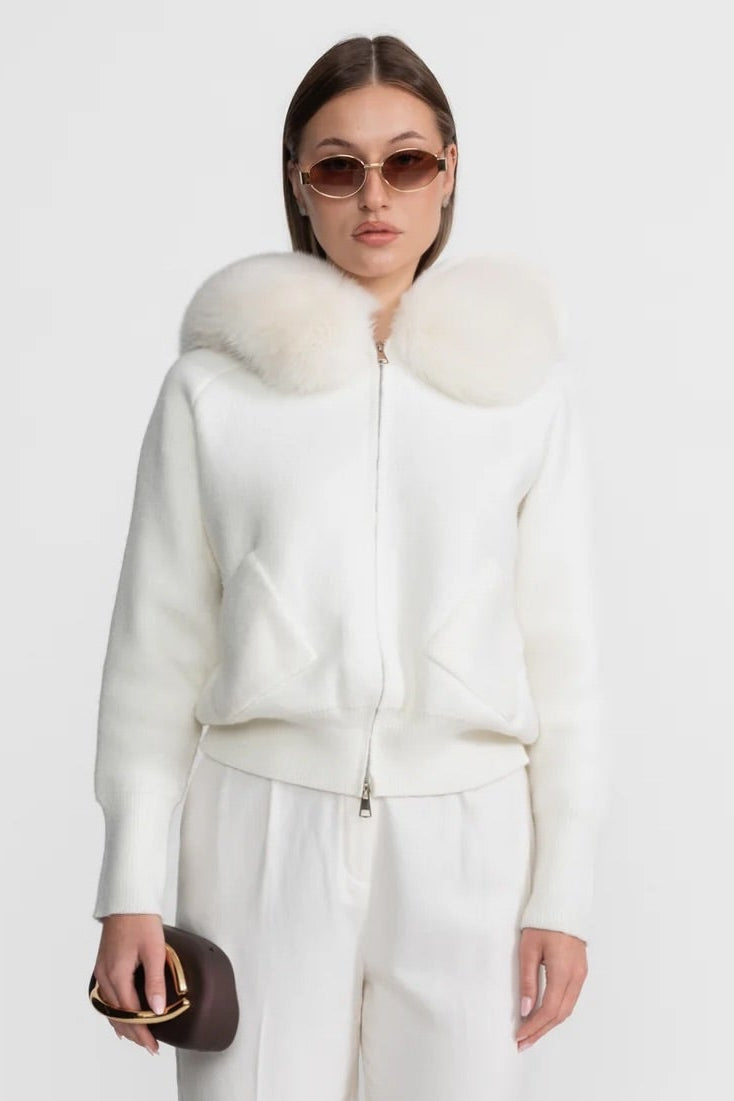 Zip-Up Wool Hoodie With Fox Fur Collar – Ivoire