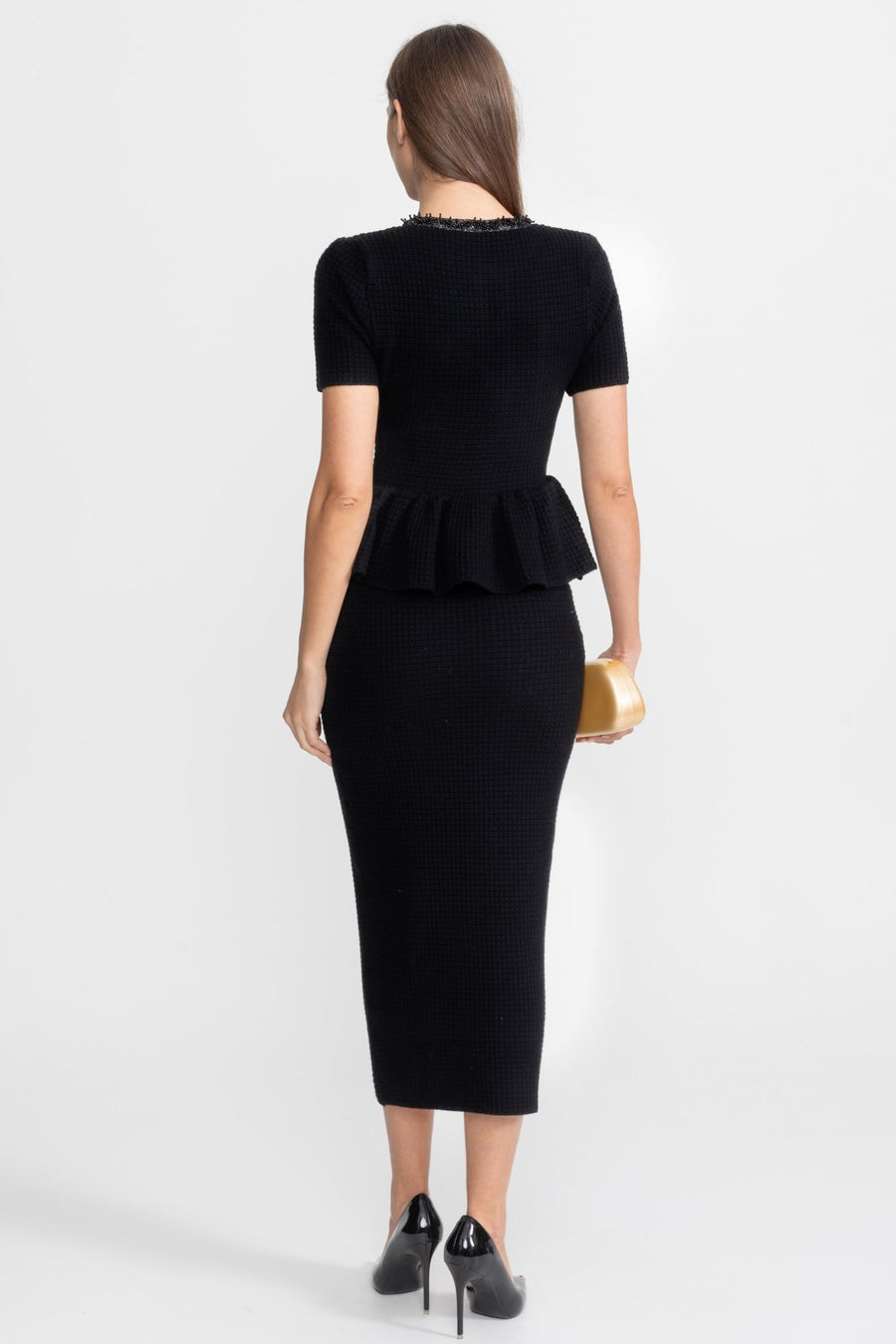 Textured Knit Midi Dress with Peplum Waist Detail – Black