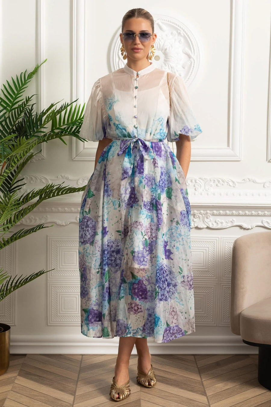 Sheer Silk Midi Shirt Dress with Botanical Motif and Tie Belt - White/Blue