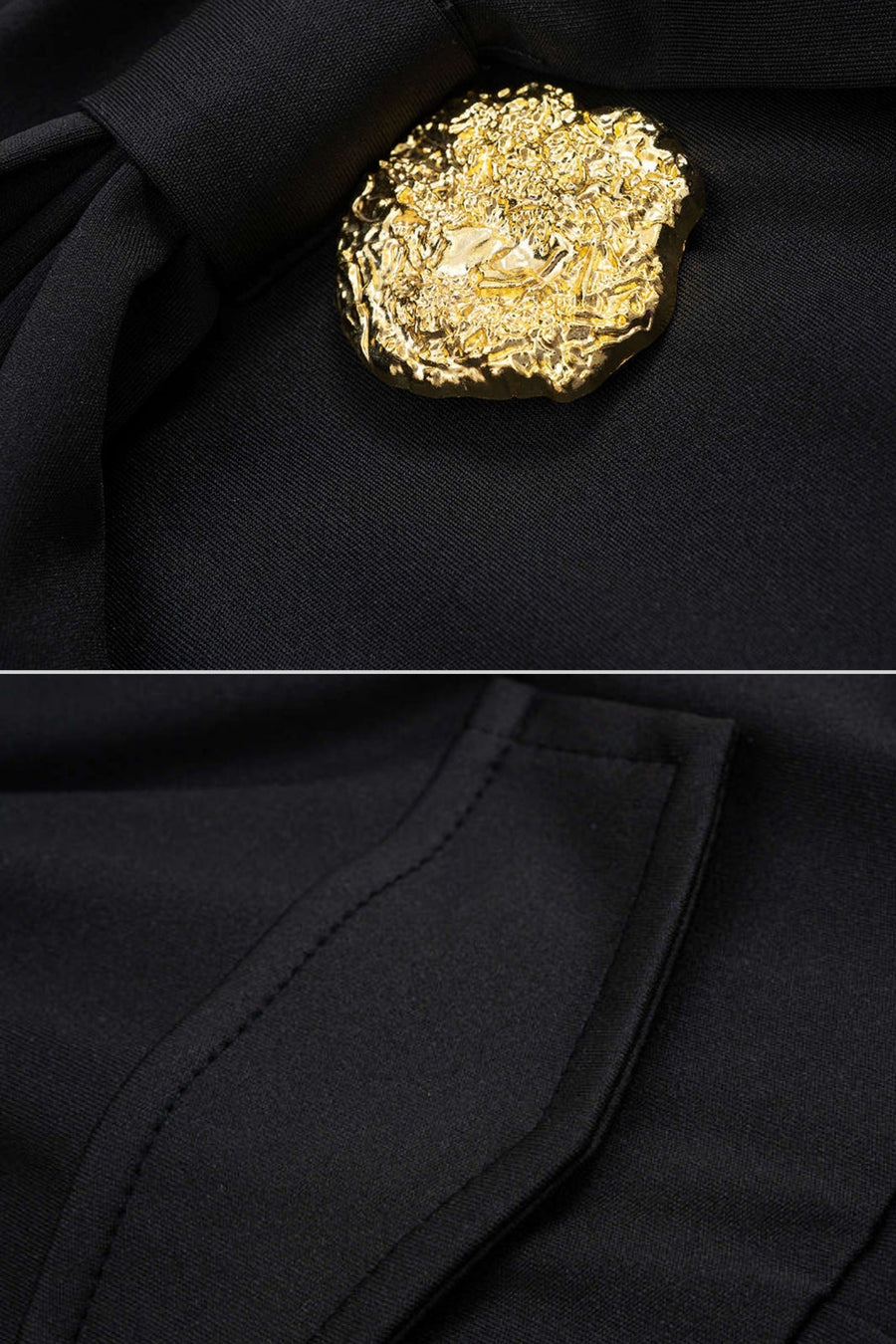 Bow-Neck Pleated Mini Dress with Gold Buttons – Black