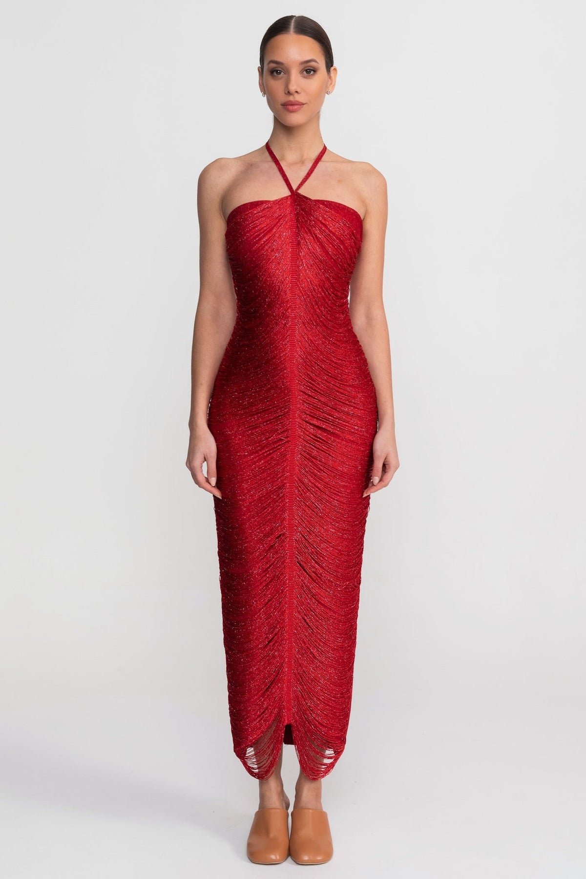 Halter Neck Midi Dress With All-Over Pleated Texture - Red
