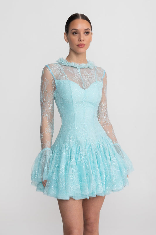 Sheer Lace Long Sleeve Mini Dress With Ruffled Hem - Teal